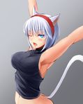  animal_ears armpits arms_up blue_eyes blush breasts cat_ears cat_tail fang final_fantasy final_fantasy_xiv hairband highres irohasu large_breasts looking_at_viewer miqo'te one_eye_closed open_mouth short_hair silver_hair sketch sleeveless sleeveless_turtleneck solo stretch tail turtleneck upper_body 