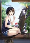  bare_shoulders blush brown_eyes brown_hair camisole cat fish fishbowl kyon_(fuuran) looking_at_viewer open_mouth original shaved_ice short_hair shorts sitting solo spoon wind_chime 