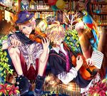  2boys bird blue_eyes book glasses instrument kurusu_shou male male_focus multiple_boys open_mouth shinomiya_satsuki shoes short_hair sitting sneakers uta_no_prince-sama violin yuna_(rutera) 