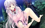  1girl ankoromochi barefoot blush bow breasts censored chains collar game_cg long_hair night nipples purple_eyes see-through shitsuji_ga_aruji_wo_erabu_toki star stars tree veronica_rubenstadt wet white_hair 