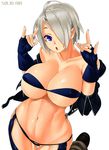  :o ahoge angel_(kof) blue_eyes breasts cleavage fingerless_gloves gloves hair_over_one_eye highres large_breasts navel short_hair silver_hair simple_background solo the_king_of_fighters toned underboob white_background wide_hips zonda_(solid_air) 