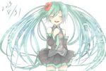  2013 closed_eyes dated detached_sleeves flower green_hair hair_flower hair_ornament hand_on_own_chest hatsune_miku highres long_hair necktie open_mouth oz_(undoll) skirt solo twintails very_long_hair vocaloid white_background 