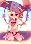  alternate_costume bare_shoulders bikini blonde_hair bow fang flandre_scarlet flower hair_bow looking_at_viewer minamura_haruki navel open_mouth pointy_ears polka_dot polka_dot_bikini polka_dot_swimsuit red_bikini red_eyes side_ponytail sitting sketch solo swimsuit touhou umbrella wariza wings 