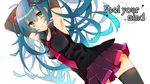  aqua_hair armpits arms_up copyright_name detached_sleeves green_eyes hatsune_miku long_hair necktie skirt solo thighhighs very_long_hair vocaloid white_background yutsuchi 