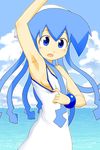  arm_up armpits blue_eyes blue_hair bracelet breasts clothes_aside cloud clouds highres ikamusume jewelry long_hair ocean sat-c shinryaku!_ikamusume sideboob water 