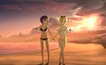  :d absurdres barefoot beach bikini black_hair blonde_hair blue_eyes bow breasts brown_eyes cloud collarbone food footprints funami_yui groin hair_bow highres holding_hands ice_cream ice_cream_cone long_hair medium_breasts multiple_girls navel ocean open_mouth sand shane_owen short_hair sky smile stairs sun sunset swimsuit toes toshinou_kyouko water yuru_yuri 