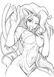  animal_ears breasts cat_ears cat_tail felicia fukuitakumi fur greyscale large_breasts long_hair monochrome navel one_eye_closed paws solo tail v vampire_(game) very_long_hair 