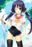  ;d bekotarou black_hair frilled_swimsuit frills highres long_hair no_pants nontraditional_school_swimsuit one-piece_swimsuit one_eye_closed open_mouth original purple_eyes school_swimsuit school_uniform serafuku smile solo swimsuit swimsuit_under_clothes thighhighs twintails 