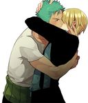  2boys blonde_hair blush green_hair hiyok2 hug kiss multiple_boys one_piece roronoa_zoro sanji spiked_hair spiky_hair yaoi 