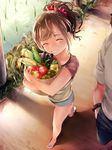  apple bad_id bad_pixiv_id basket bell_pepper blush brown_hair closed_eyes corn cucumber eggplant food fruit grin hands_in_pockets nekometaru original pepper ponytail sandals shorts smile vegetable walking 