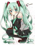  aqua_eyes boots detached_sleeves green_hair hatsune_miku highres long_hair looking_at_viewer miy@ nail_polish petals skirt solo squatting thigh_boots thighhighs twintails very_long_hair vocaloid 