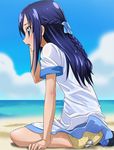  arm_support back-print_panties beach blue_eyes blue_hair blue_sky braid cloud day dokidoki!_precure eyewear_removed glasses half_updo haruyama_kazunori heart heart_panties heart_print hishikawa_rikka ocean open_mouth outdoors panties precure print_panties profile sitting sitting_on_object skirt skirt_lift sky solo underwear wariza wet yellow_panties 