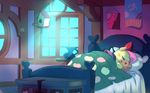  bakki bed birdhouse blanket blush bow eyes_closed female feral fluttershy_(mlp) friendship_is_magic fur hair inside lying my_little_pony pellow pillow pink_hair pitcher sleeping smile teddy_bear window yellow_fur 