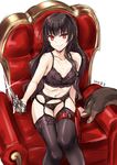  black_bra black_hair black_legwear black_panties blush bra breasts commentary_request dated dog evil_smile garter_belt harumi_kazuhito holster inu_to_hasami_wa_tsukaiyou lingerie long_hair looking_at_viewer nabeshima_tetsuhiro natsuno_kirihime navel panties red_eyes scissors sitting small_breasts smile solo_focus thigh_holster thighhighs throne underwear underwear_only 