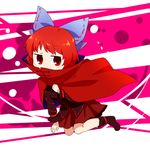  bow cape hair_bow highres kneeling red_eyes red_hair sekibanki shirt skirt solo touhou yamabuki_(yusuraume) 
