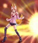  animal_ears casual fate/extra fate/extra_ccc fate_(series) fervent_idiot fox_ears fox_tail hair_down highres hood hoodie pink_hair ribbon shorts solo tail tamamo_(fate)_(all) tamamo_no_mae_(fate) thighhighs twintails yellow_eyes 