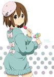  blush bow brown_eyes brown_hair candy character_name dated dress food from_behind hat hips hirasawa_yui k-on! lollipop looking_at_viewer looking_back official_style ragho_no_erika ribbed_sweater short_hair smile solo sweater sweater_dress thighhighs white_legwear 