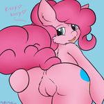  &lt;3 big_butt blue_eyes butt cutie_mark english_text equine female friendship_is_magic fur hair hooves horse looking_at_viewer looking_back mammal my_little_pony open_mouth pink_fur pink_hair pinkie_pie_(mlp) plain_background plump_labia plushtail pony pussy shaggy solo spread_butt spreading text tongue 