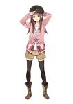  adjusting_clothes adjusting_hat black_legwear blush boots brown_eyes brown_hair ebisugawa_kaisei full_body hao_(patinnko) hat highres jewelry long_hair necklace pendant shorts solo sweater thighhighs transparent_background uchouten_kazoku 