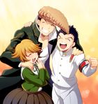  armband black_hair blush brown_hair closed_eyes coat crossdressing danganronpa danganronpa_1 friends fujisaki_chihiro grin hakka_(88hk88) hand_on_shoulder hands_together ishimaru_kiyotaka male_focus military military_uniform multiple_boys oowada_mondo open_mouth otoko_no_ko pompadour school_uniform short_hair skirt smile uniform widow's_peak 