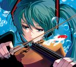  aqua_hair blue_eyes bow_(instrument) bubble face fish hair_ornament hatsune_miku headset instrument long_hair masao music playing_instrument solo twintails upper_body violin vocaloid 