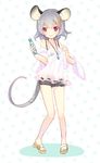  alternate_costume animal_ears bare_shoulders blush camisole detached_sleeves flower hair_flower hair_ornament jewelry looking_at_viewer minamura_haruki mouse_ears mouse_tail nazrin necklace pendant ramune red_eyes short_hair shorts silver_hair sketch smile solo tail touhou 