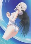  1girl ass blue_eyes happy highres long_hair official_art panis_angelicus panties sega shining_(series) shining_ark tanaka_takayuki underwear water white_hair wings 