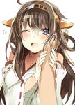  ;d admiral_(kantai_collection) ahoge bare_shoulders blush brown_hair hairband hand_on_another's_cheek hand_on_another's_face heart heart-shaped_pupils kantai_collection kongou_(kantai_collection) nochita_shin one_eye_closed open_mouth pov ribbon-trimmed_sleeves ribbon_trim smile solo_focus symbol-shaped_pupils upper_body 