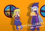  blonde_hair blue_dress blue_eyes cake closed_eyes dress food full_body grandmother_and_granddaughter grey_hair halloween hands_clasped happy_birthday happy_halloween hat jack-o'-lantern jewelry long_hair madou_monogatari multiple_girls mzkn002 necklace official_style orange_background own_hands_together pumpkin puyopuyo shadow shawl smile wish_(puyopuyo) witch_(puyopuyo) 
