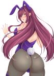 1girl :o absurdres animal_ears ass bare_shoulders blush breasts bunny_ears bunny_girl bunny_tail bunnysuit cameltoe commentary_request eyebrows_visible_through_hair fake_animal_ears fate/grand_order fate_(series) fishnet_pantyhose fishnets highres isane large_breasts leotard long_hair looking_at_viewer looking_back nail_polish open_mouth pantyhose purple_hair purple_leotard red_eyes scathach_(fate)_(all) scathach_(fate/grand_order) strapless strapless_leotard tail white_background wrist_cuffs 