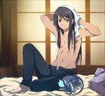  2013 barefoot bed black_eyes black_hair dog full_body kuromai long_hair pants pillow puppy repede shirtless sitting sleeping tales_of_(series) tales_of_vesperia tales_of_vesperia:_the_first_strike towel wet window yuri_lowell 