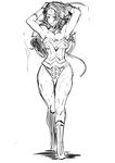  armpits arms_up bare_shoulders boots bracer breastplate breasts breasts_apart butcha-u dc_comics forehead_protector full_body greyscale knee_boots legs medium_breasts monochrome muscle muscular_female sketch solo star thick_thighs thigh_gap thighs walking white_background wonder_woman wonder_woman_(series) 
