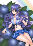  1girl bangle blue_eyes blue_hair blueberry bracelet breasts cleavage food food_themed_clothes fruit hair_ornament halter_top halterneck jewelry leaf long_hair midriff minigirl original personification pointy_ears rainbow skirt smile solo 