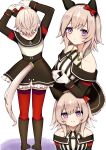  1girl absurdres animal_ears bare_shoulders black_boots black_hairband blush boots bow breasts closed_mouth coat commentary_request curren_chan_(fille_eclair)_(umamusume) curren_chan_(umamusume) dress ear_bow ear_covers gloves grey_hair hairband heart_arms highres horse_ears horse_girl horse_tail long_sleeves looking_at_viewer multiple_views off-shoulder_coat off-shoulder_dress off-shoulder_jacket off_shoulder purple_eyes red_bow red_thighhighs short_hair smile striped_clothes striped_dress tail thighhighs umamusume vertical-striped_clothes vertical-striped_dress wakaraaan white_gloves 