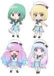  4girls aozono_sena beret blonde_hair blue_bow blue_eyes blue_skirt bow closed_eyes closed_mouth compato_lilly earrings gradient_hair green_bow green_hair hair_ornament hat highres jewelry kandachi_touko long_hair mahou_no_shimai_lulutto_lilly mashu_lulu multicolored_hair multiple_girls nonoyama_fuu nonoyama_rui open_mouth orange_bow pink_bow pink_eyes pink_hair purple_eyes qualitas_ayai sailor_collar sailor_shirt shirt shoes short_hair skirt sleeveless socks star_(symbol) star_hair_ornament white_background white_socks wrist_cuffs 