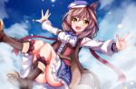  1girl absurdres animal_ears bare_shoulders blue_hat blue_sky blush boots bow breasts brown_boots brown_hair center_frills clothing_cutout cloud corset ears_through_headwear frills hair_ornament hairclip hat highres horse_ears horse_girl horse_tail looking_at_viewer matikanetannhauser_(clippety-tippety-clop)_(umamusume) matikanetannhauser_(umamusume) medium_breasts medium_hair multicolored_hair newsboy_cap open_mouth parallel_hairclips red_corset red_socks shirt shoulder_cutout sinngotti sky smile socks solo streaked_hair tail thighs tilted_headwear umamusume white_shirt yellow_eyes 