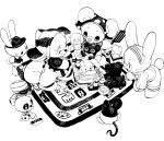  3girls 6+others apron baby_animal baguette bear bear_girl bird bowl bread carpet carrot chick diaper dog eggshell_hat electric_plug eyelashes food fork fox fox_girl frying_pan furry glasses hairband headscarf highres holding holding_fork holding_frying_pan holding_spatula holding_spoon hot_dog koki_(ryoushikiha) monochrome mouse_(animal) multiple_girls multiple_others mummy necktie original pet pet_bowl pet_food polka_dot_headwear puppy rabbit_girl round_eyewear shirt skeleton spatula spoon striped_apron striped_clothes striped_hairband striped_headscarf striped_shirt stuffed_animal stuffed_rabbit stuffed_toy tail teddy_bear turtleneck visor_cap whiskers 