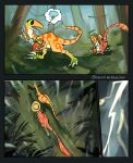  1boy 1girl animalization choker coelophysis colored_sclera commentary compass deinonychus dinosaur feathered_dinosaur feathers food fruit grass green_sclera hat hat_on_back highres holding holding_food holding_fruit jewelry ki2ri5 log_pose looking_at_another mandarin_orange monkey_d._luffy nami_(one_piece) nature one_piece open_mouth outdoors rain running sharp_teeth shoulder_tattoo storm straw_hat tattoo teeth thunder tree twitter_username yellow_sclera 