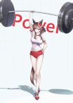  1girl absurdres animal_ears arm_up barbell blush braid braided_hair_rings breasts brown_hair buruma closed_mouth commentary_request ear_covers ear_ornament exercising gentildonna_(umamusume) gym_shirt hair_between_eyes hair_ornament hair_rings hand_on_own_hip heart-shaped_ornament heart_ear_ornament highres horse_ears horse_girl horse_tail large_breasts long_hair red_eyes red_shoes shirt shoes short_sleeves solo strong tail tracen_training_uniform umamusume weightlifting white_shirt yuki6238 