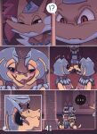  2026 agious anthro armor blush canid canine clothed clothing comic delphox dialogue digital_drawing_(artwork) digital_media_(artwork) door duo english_text fangs female fox furniture gate generation_5_pokemon generation_6_pokemon headgear helmet hi_res kissing krokorok licking mammal melee_weapon nintendo open_door pokemon pokemon_(species) polearm reptile scalie shaded shaded_background spear teeth text tongue tongue_out veyneria_(agious) wall_(structure) weapon 