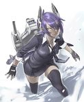  black_legwear cardigan eyepatch fingerless_gloves gloves headgear kantai_collection looking_at_viewer necktie nishieda purple_hair school_uniform short_hair skirt smile solo tenryuu_(kantai_collection) thighhighs weapon yellow_eyes zettai_ryouiki 