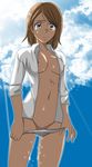  1girl areola_slip areolae artist_request breasts dress_shirt gentoku navel nipples no_bra open_clothes open_shirt panties peeing peeing_self petra_ral pussy_juice shingeki_no_kyojin shirt solo tears underwear undressing white_shirt 