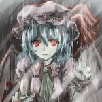  ascot bat_wings benisan blouse blue_hair expressionless fangs fingernails grey_background hands_up hat hat_ribbon light_trail lips looking_at_viewer mob_cap pale_skin rain red_eyes remilia_scarlet ribbon sharp_fingernails short_hair short_sleeves solo touhou wings wrist_cuffs 