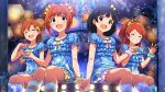  4girls :d ^_^ ahoge aqua_eyes black_hair blue_shirt braid braided_bun brown_eyes card_commentary closed_eyes commentary_request double_bun frilled_shirt frills game_asset grin hair_bun hair_ornament holding_hands idolmaster idolmaster_(classic) idolmaster_million_live! idolmaster_million_live!_theater_days kneehighs long_hair looking_at_viewer multiple_girls nakatani_iku official_alternate_costume official_art ogami_tamaki one_side_up open_mouth orange_hair oyasumi_pajama_(idolmaster) pajamas print_shirt scrunchie shirt short_hair short_sleeves smile socks star_(symbol) star_hair_ornament star_print striped_clothes striped_socks takatsuki_yayoi third-party_source wrist_scrunchie yabuki_kana 