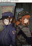  2girls absurdres assault_rifle blu_rivers_revolution blue_jumpsuit brown_hair character_request cosplay costume_switch crack cracked_glass earrings english_text frown glasses gun hat hearts_of_iron helmet highres iaart1 jewelry jumpsuit long_sleeves m16 masie_fletcher_(igniting_barrage) multiple_girls orange_hair patch peaked_cap ponytail rifle single_earring the_fire_rises united_states_army weapon 