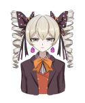  1girl black_jacket bow bronya_zaychik bronya_zaychik_(wolf's_dawn) brown_bow brown_eyes brown_hair closed_mouth collared_shirt commentary_request cropped_torso drill_hair earrings hair_bow highres honkai_(series) honkai_gakuen jacket jewelry long_hair minasesinobu open_clothes open_jacket orange_bow polka_dot polka_dot_bow red_vest shirt simple_background solo striped_clothes striped_shirt twin_drills twintails upper_body vertical-striped_clothes vertical-striped_shirt vest white_background 