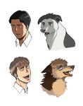  2boys animalization black_hair brown_eyes brown_hair dog face freckles jean_kirchstein light_brown_hair marco_bodt multicolored_hair multiple_boys open_mouth shingeki_no_kyojin short_hair smile two-tone_hair zencelot 