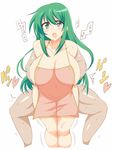  1boy 1girl apron areolae bottomless breasts green_eyes green_hair huge_breasts long_hair naked_apron nipple_slip nipples open_mouth sex simple_background straddle straddling sweat text translated wedge white_background 