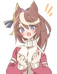 1girl animal_ears blue_eyes blush brown_hair commentary_request honkawa_works horse_ears horse_girl jacket long_hair long_sleeves looking_at_viewer multicolored_hair open_mouth ponytail smile solo streaked_hair tokai_teio_(umamusume) tracen_training_uniform track_jacket umamusume white_streaks 