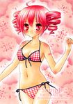  bikini blush breasts caramelbox cleavage drill_hair front-tie_top kasane_teto long_hair looking_at_viewer medium_breasts navel plaid red_eyes red_hair side-tie_bikini smile solo swimsuit traditional_media twin_drills twintails utau 
